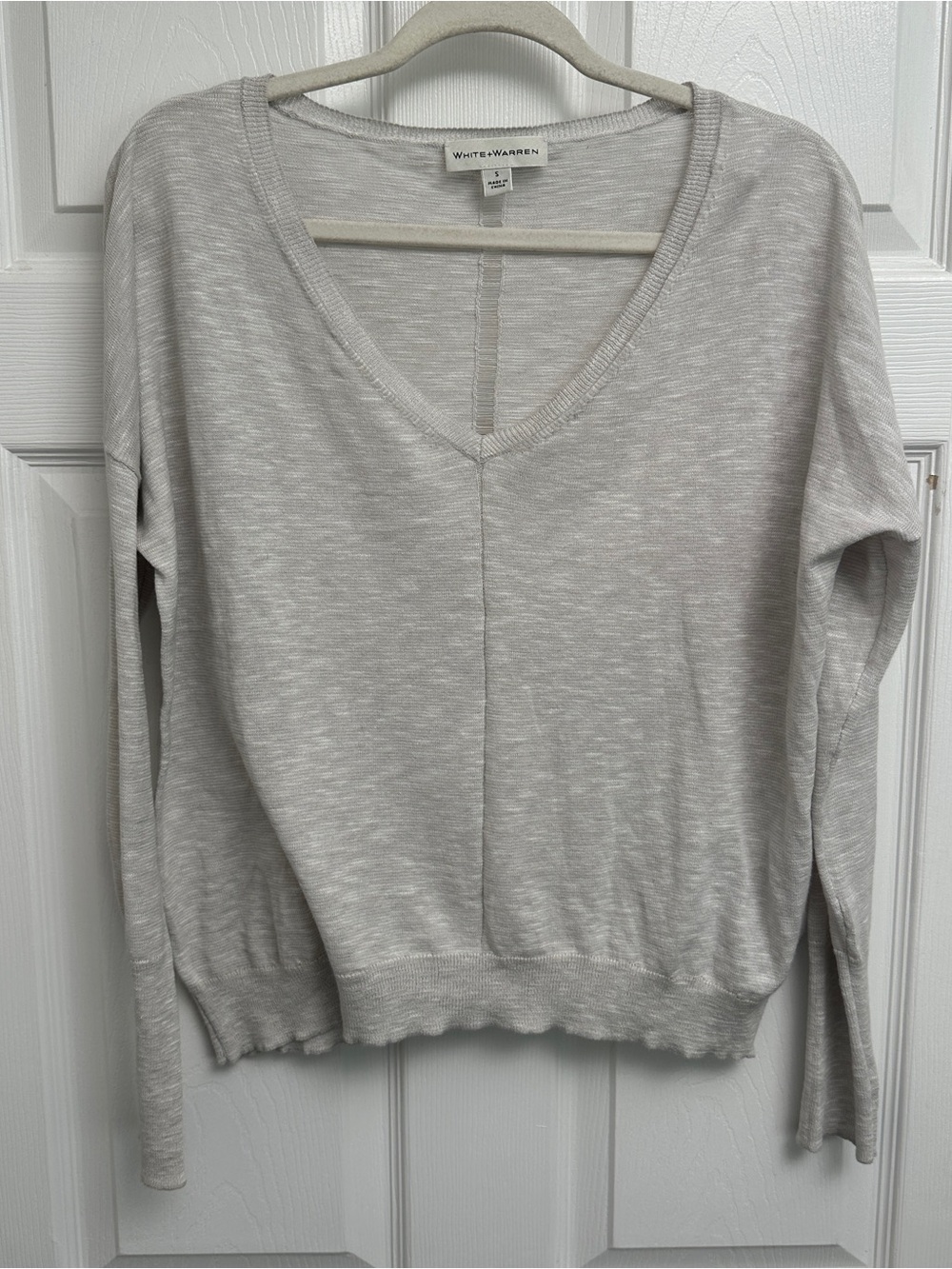 White + Warren Light Gray V-Neck Lightweight Sweater
